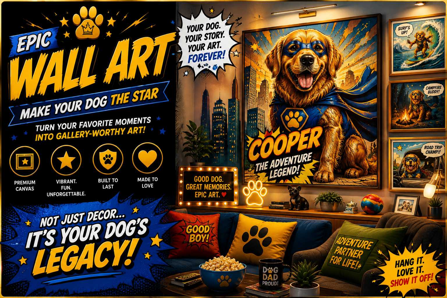 A playful WagLife wall-art collection displayed in a warm home