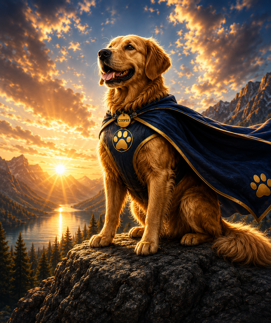 Cooper the golden retriever portrayed as a heroic WagLife adventurer
