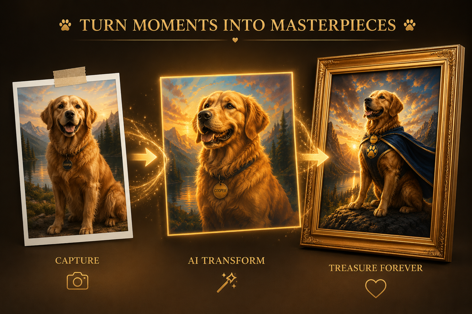 WagLife transformation from a dog photo into AI artwork and a framed keepsake