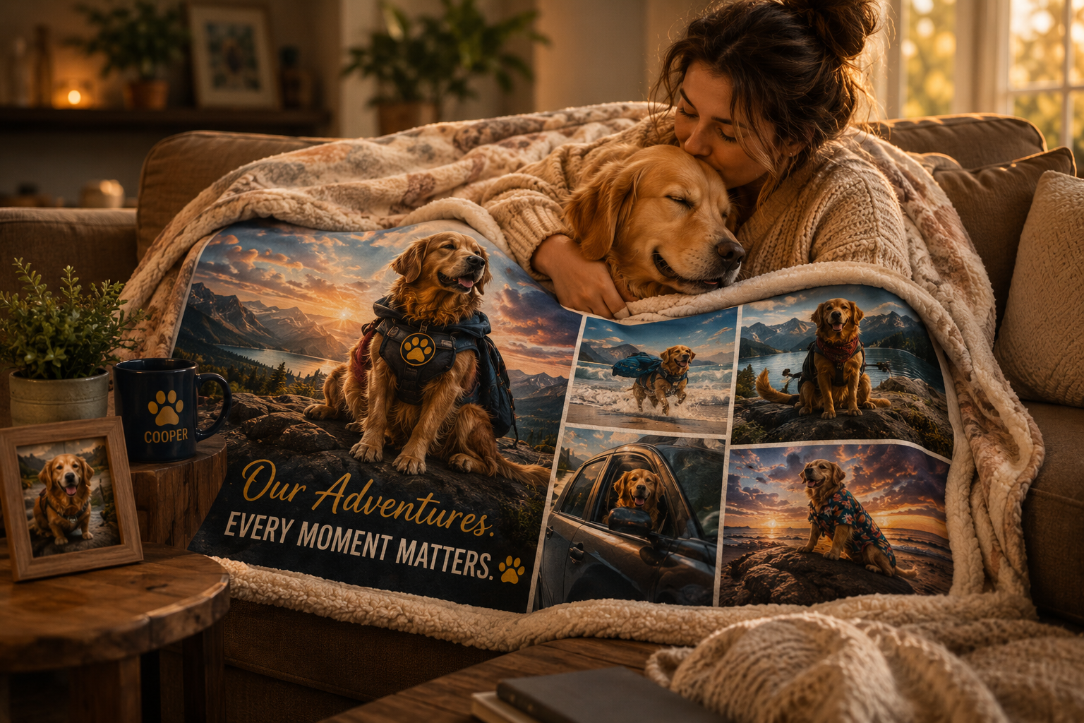 A cozy custom WagLife blanket covered with treasured dog memories