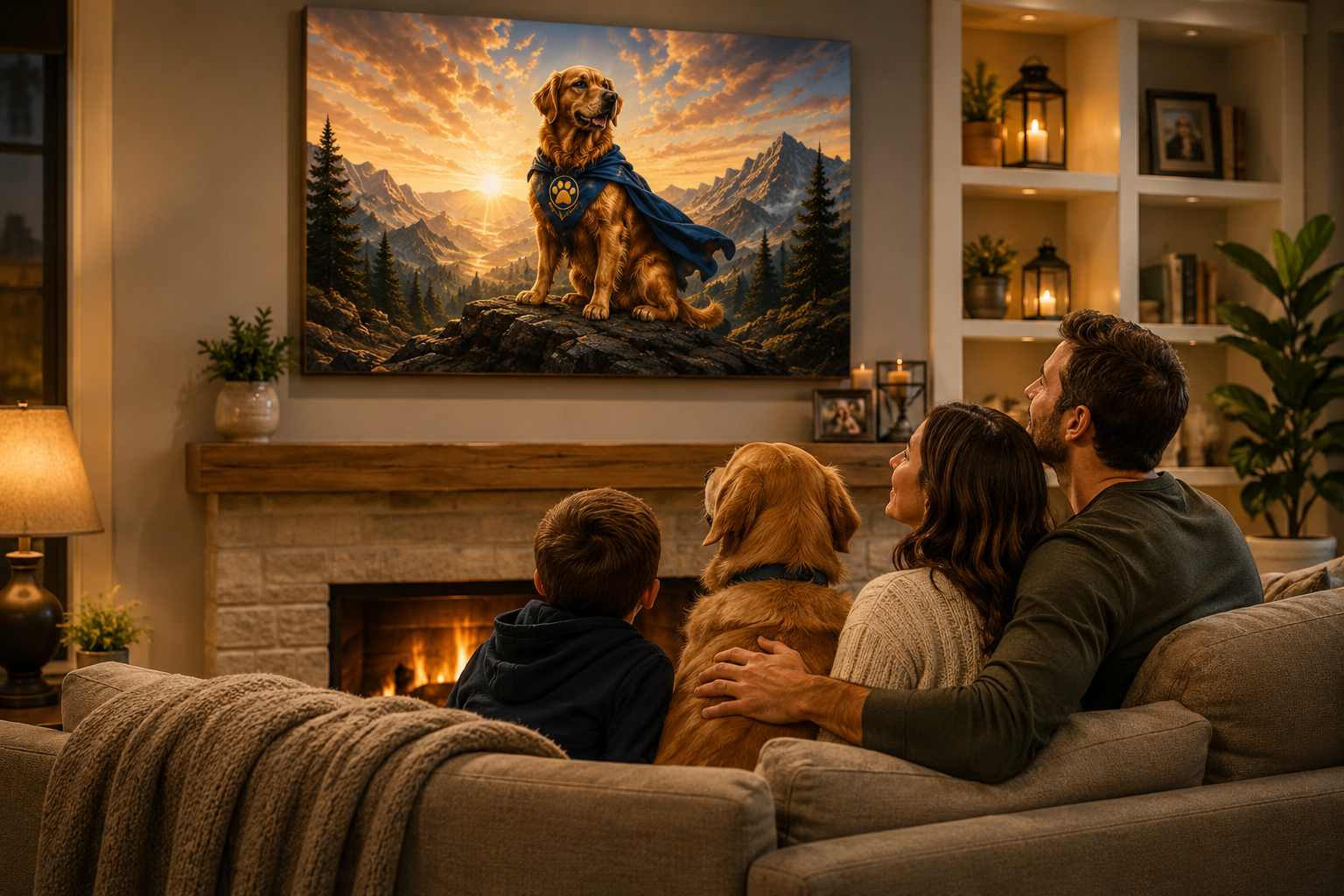 A custom WagLife dog canvas displayed above a family fireplace