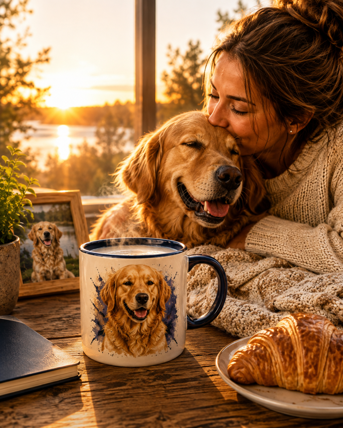 A personalized Cooper dog mug in a warm morning setting