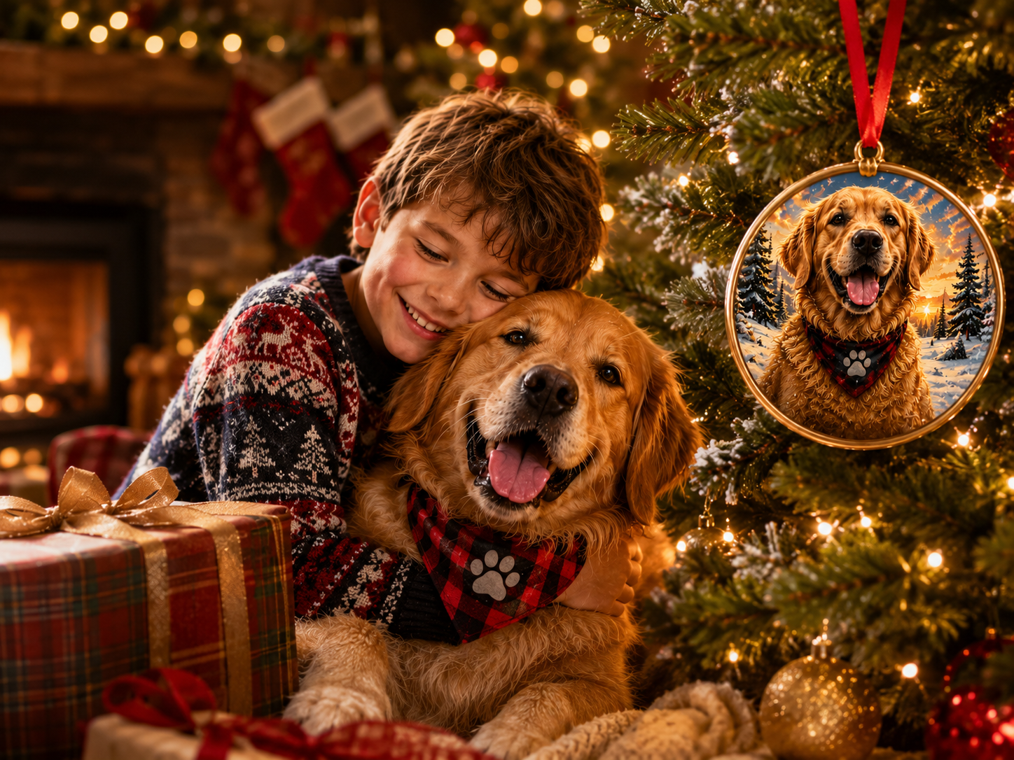 A child and golden retriever beside a personalized WagLife Christmas ornament