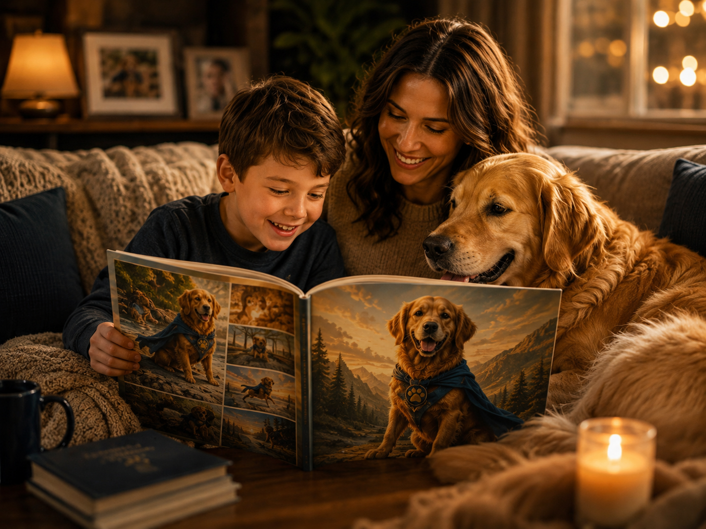 A family reading a personalized WagLife storybook starring their dog
