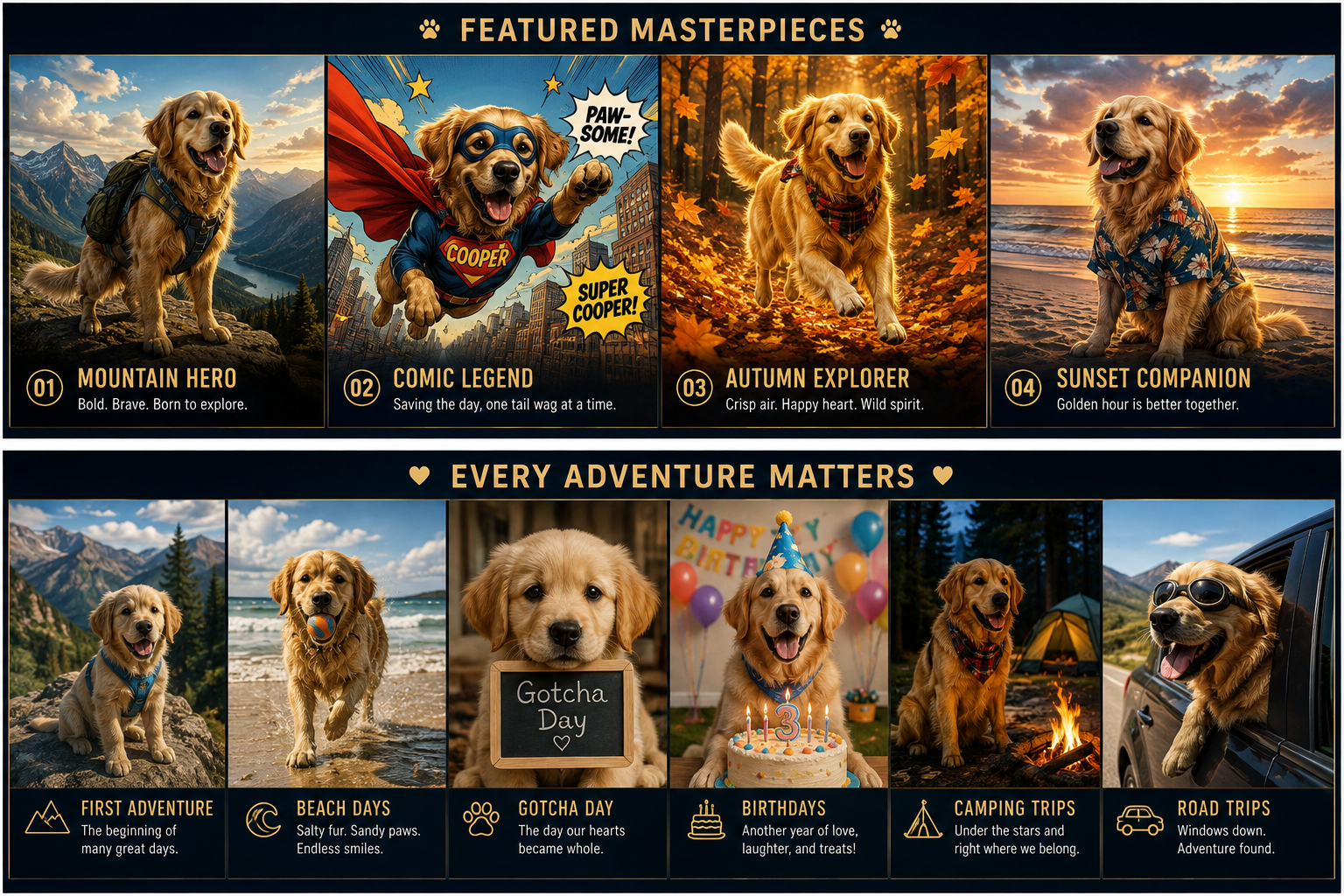 Four WagLife masterpieces featuring Cooper as a mountain adventurer, comic hero, autumn explorer, and beach companion